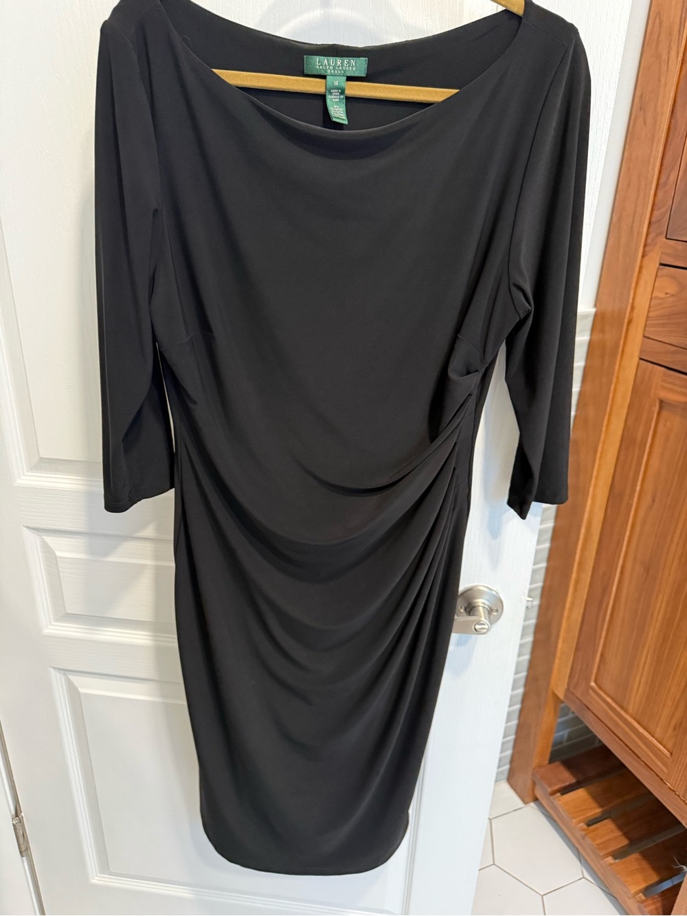 Ralph Lauren Black Draped Midi Dress with Boat Neck, stretch